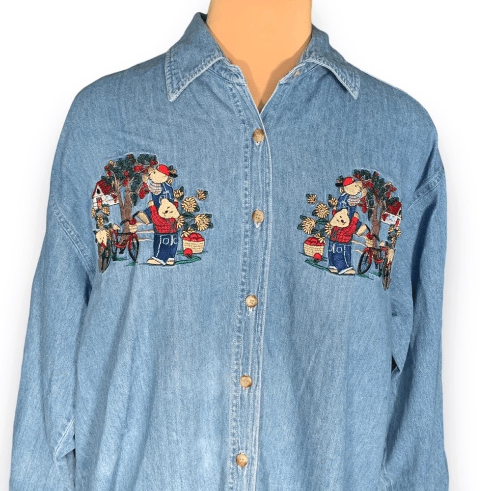 Vintage Chambray Denim Shirt Embroidered Farmhouse‎ Teddy Bears Apples Fall Plus